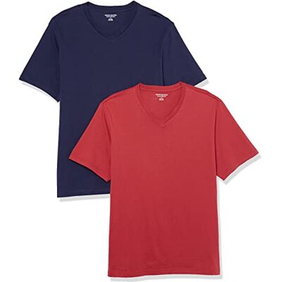 Amazon Herren Kurzarm-T-Shirt mit V-Ausschnitt (erhältlich in Big & Tall), Normale Passform, 2er-Pack, Marineblau/Dunkelrot, X-Small Amazon Herren Kurzarm-T-Shirt mit V-Ausschnitt (erhältlich in Big & Tall), Normale Passform, 2er-Pack, Marineblau/Dunkelrot, X-Small