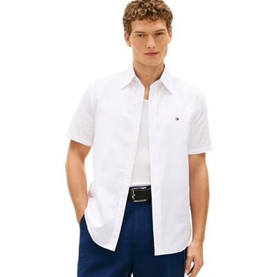 Tommy Hilfiger Herren Hemd Linen Blend Solid Kurzarm, Weiß (White), S Tommy Hilfiger Herren Hemd Linen Blend Solid Kurzarm, Weiß (White), S