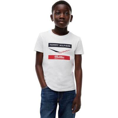 Tommy Hilfiger Kinder Unisex T-Shirt Kurzarm TH X Cadillac F1 Chevron aus Baumwolle, Weiß (White), 7 Jahre Tommy Hilfiger Kinder Unisex T-Shirt Kurzarm TH X Cadillac F1 Chevron aus Baumwolle, Weiß (White), 7 Jahre