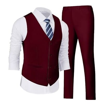 Wehilion Herren Anzüge 2-teilig Weste Hosen Set für Männer V-Ausschnitt Slim Fit Casual Anzugweste, Burgunder, L Wehilion Herren Anzüge 2-teilig Weste Hosen Set für Männer V-Ausschnitt Slim Fit Casual Anzugweste, Burgunder, L