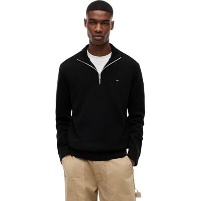 Tommy Jeans Herren Pullover mit Reißverschluss Light mit Stehkragen, Schwarz (Black), 4XL Tommy Jeans Herren Pullover mit Reißverschluss Light mit Stehkragen, Schwarz (Black), 4XL