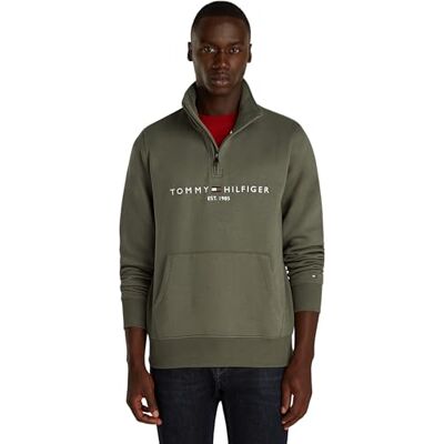 Tommy Hilfiger Herren Sweatshirt mit Reißverschluss Logo Mockneck mit Bauchtasche, Grün (Battle Green), S Tommy Hilfiger Herren Sweatshirt mit Reißverschluss Logo Mockneck mit Bauchtasche, Grün (Battle Green), S