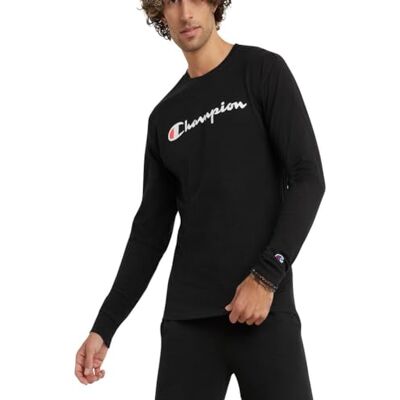 Champion Herren Langarm, Standard-Passform, Script & C, Erhältlich in Regular und Big & Tall T-Shirt, Schwarz – klassisches Schrift-Logo, L Champion Herren Langarm, Standard-Passform, Script & C, Erhältlich in Regular und Big & Tall T-Shirt, Schwarz – klassisches Schrift-Logo, L