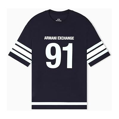 Armani Exchange Men's Short Sleeve 91 Print Detail Stripe Round Collar T-Shirt Blue S Armani Exchange Men's Short Sleeve 91 Print Detail Stripe Round Collar T-Shirt Blue S