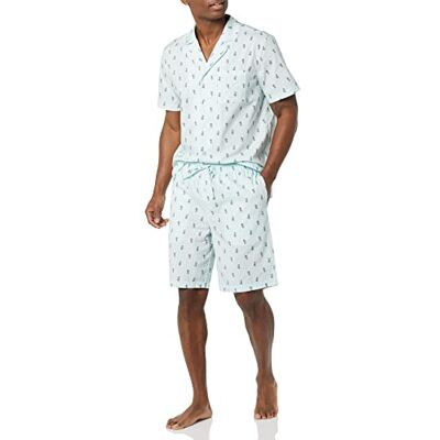 Amazon Herren Kurzes Pyjama-Set aus Baumwoll-Stretch-Popeline mit V-Ausschnitt, Hellblau Weiß Ananas, XXS Amazon Herren Kurzes Pyjama-Set aus Baumwoll-Stretch-Popeline mit V-Ausschnitt, Hellblau Weiß Ananas, XXS