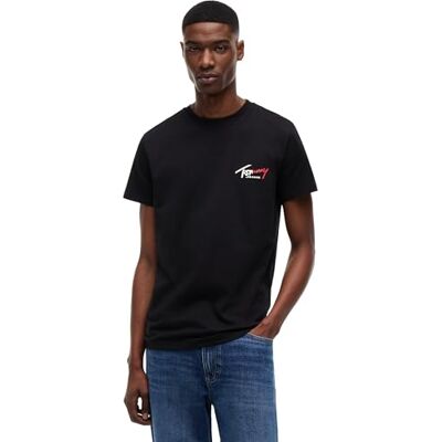 Tommy Jeans Herren T-Shirt Kurzarm Slim Sign Chest mit Logo, Schwarz (Black), M Tommy Jeans Herren T-Shirt Kurzarm Slim Sign Chest mit Logo, Schwarz (Black), M