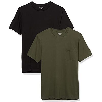 Amazon Herren Kurzärmeliges T-Shirt mit Rundhalsausschnitt und Tasche, 2er-Pack, Schwarz/Olivgrün, XS Amazon Herren Kurzärmeliges T-Shirt mit Rundhalsausschnitt und Tasche, 2er-Pack, Schwarz/Olivgrün, XS