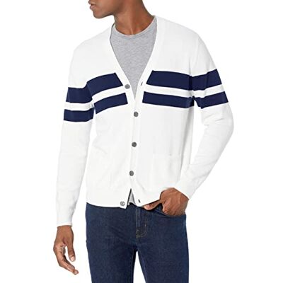 Amazon Herren-Strickjacke aus Baumwolle, marineweiß, Rugby-Streifen, Größe XS Amazon Herren-Strickjacke aus Baumwolle, marineweiß, Rugby-Streifen, Größe XS
