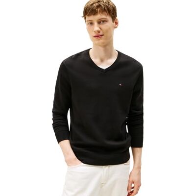 Tommy Hilfiger Herren Cotton Solid V Neck Sweater Lightweight Pullover, Schwarz, Medium Tommy Hilfiger Herren Cotton Solid V Neck Sweater Lightweight Pullover, Schwarz, Medium
