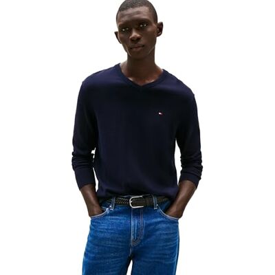 Tommy Hilfiger Herren Cotton Solid V Neck Sweater Lightweight Pullover, Wüstenhimmel, Mittel Tommy Hilfiger Herren Cotton Solid V Neck Sweater Lightweight Pullover, Wüstenhimmel, Mittel