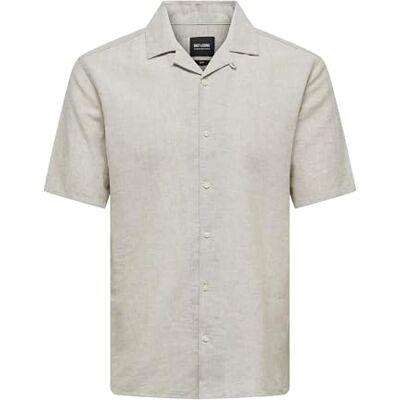 Only & Sons Herren Hemd mit kurzen Ärmeln und Knopfleiste, klassischer Kragen, Farben:Beige, Größe Hemd:L Only & Sons Herren Hemd mit kurzen Ärmeln und Knopfleiste, klassischer Kragen, Farben:Beige, Größe Hemd:L