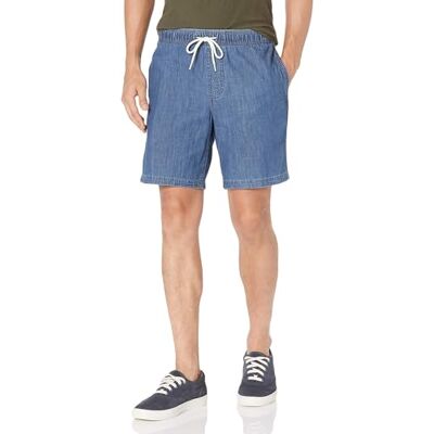 Amazon Herren Relaxed Fit 20cm Baumwollshorts mit Elastischem Bund und Kordelzug, Mittlere Waschung Chambray, XS Amazon Herren Relaxed Fit 20cm Baumwollshorts mit Elastischem Bund und Kordelzug, Mittlere Waschung Chambray, XS