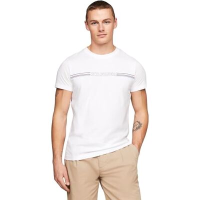 Tommy Hilfiger Herren T-Shirt Kurzarm Stripe Chest Tee Rundhalsausschnitt, Weiß (White), XS Tommy Hilfiger Herren T-Shirt Kurzarm Stripe Chest Tee Rundhalsausschnitt, Weiß (White), XS