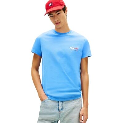 Tommy Jeans Herren T-Shirt Kurzarm Slim Sign Chest mit Logo, Blau (Blue Twilight), S Tommy Jeans Herren T-Shirt Kurzarm Slim Sign Chest mit Logo, Blau (Blue Twilight), S