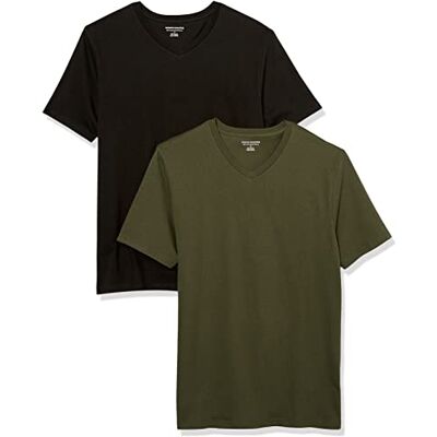 Amazon Herren Kurzärmelige T-Shirts mit V-Ausschnitt, 2er-Pack, Dunkles Olivgrün/Schwarz, L Amazon Herren Kurzärmelige T-Shirts mit V-Ausschnitt, 2er-Pack, Dunkles Olivgrün/Schwarz, L