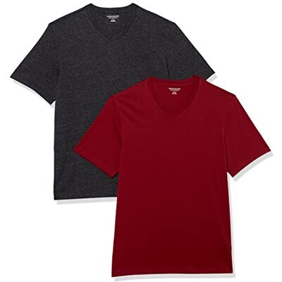 Amazon Herren T-Shirt Regular-Fit Kurzarm V-Ausschnitt (erhältlich in Big & Tall), 2er Pack, Charcoal Heather/Burgundy, Medium Amazon Herren T-Shirt Regular-Fit Kurzarm V-Ausschnitt (erhältlich in Big & Tall), 2er Pack, Charcoal Heather/Burgundy, Medium