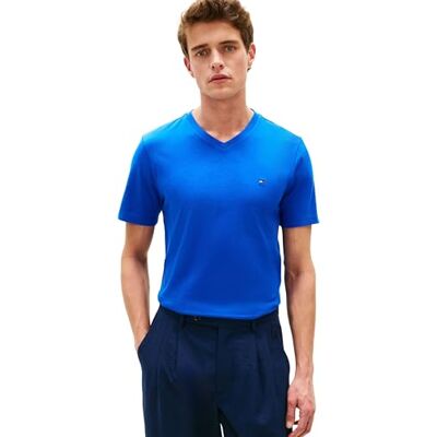 Tommy Hilfiger Herren T-Shirt Kurzarm Essential Tee mit V-Ausschnitt, Blau (Regal Blue), S Tommy Hilfiger Herren T-Shirt Kurzarm Essential Tee mit V-Ausschnitt, Blau (Regal Blue), S