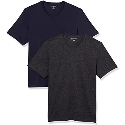 Amazon Herren T-Shirt Regular-Fit Kurzarm V-Ausschnitt (erhältlich in Big & Tall), 2er Pack, Marineblau/Charcoal Heather, X-Small Amazon Herren T-Shirt Regular-Fit Kurzarm V-Ausschnitt (erhältlich in Big & Tall), 2er Pack, Marineblau/Charcoal Heather, X-Small
