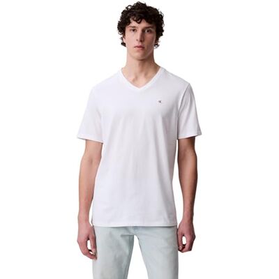 Calvin Herren T-Shirt Kurzarm Smooth Solid Tee mit V-Ausschnitt, Weiß (Brilliant White), S Calvin Herren T-Shirt Kurzarm Smooth Solid Tee mit V-Ausschnitt, Weiß (Brilliant White), S