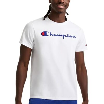 Champion Herren Klassisches Kurzarm Schrift, Standard-Passform, Script-Logo, Erhältlich in Regular und Big & Tall T-Shirt, Weiß 2, Klein Champion Herren Klassisches Kurzarm Schrift, Standard-Passform, Script-Logo, Erhältlich in Regular und Big & Tall T-Shirt, Weiß 2, Klein