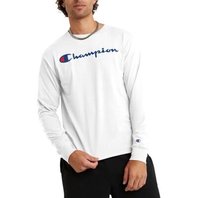 Champion Herren Classic Long Sleeve, Standard Fit, Script & C, Available in Regular and Big & Tall T-Shirt, Weiß – klassisches Schrift-Logo, Mittel Champion Herren Classic Long Sleeve, Standard Fit, Script & C, Available in Regular and Big & Tall T-Shirt, Weiß – klassisches Schrift-Logo, Mittel