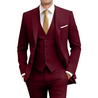 Amyox Herren Slim Fit 3 Teiliger Anzug Zwei Knöpfe Business Hochzeitskleid Tux Anzug Set Jacke Weste Hose mit Krawatte, burgunderfarben, XL Amyox Herren Slim Fit 3 Teiliger Anzug Zwei Knöpfe Business Hochzeitskleid Tux Anzug Set Jacke Weste Hose mit Krawatte, burgunderfarben, XL
