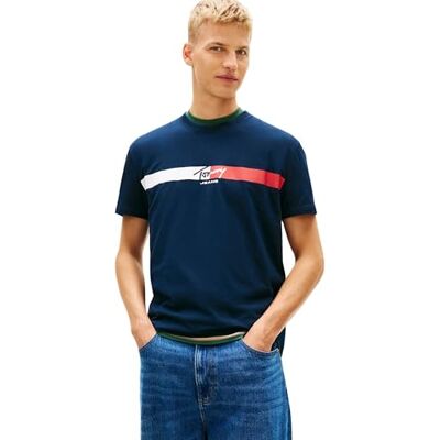 Tommy Jeans Herren T-Shirt Kurzarm Signature Stripe aus Baumwolle, Blau (Dark Night Navy), M Tommy Jeans Herren T-Shirt Kurzarm Signature Stripe aus Baumwolle, Blau (Dark Night Navy), M