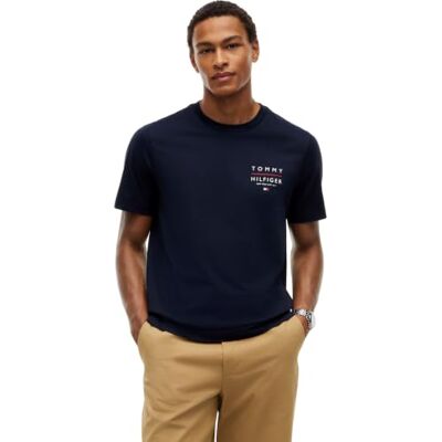 Tommy Hilfiger Herren T-Shirt Kurzarm Brand Love Left Chest mit Rundhalsausschnitt, Blau (Desert Sky), M Tommy Hilfiger Herren T-Shirt Kurzarm Brand Love Left Chest mit Rundhalsausschnitt, Blau (Desert Sky), M