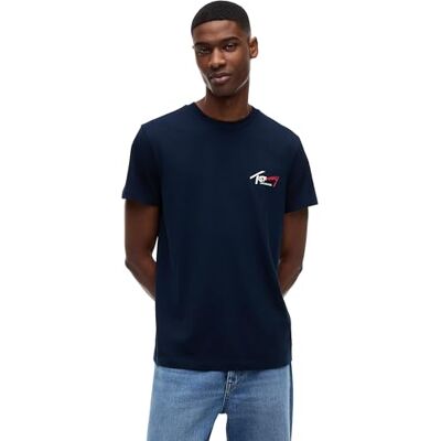 Tommy Jeans Herren T-Shirt Kurzarm Slim Sign Chest mit Logo, Blau (Dark Night Navy), M Tommy Jeans Herren T-Shirt Kurzarm Slim Sign Chest mit Logo, Blau (Dark Night Navy), M