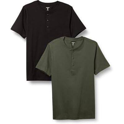 Amazon Herren Kurzärmliges Henley-T-Shirt aus Baumwolle, 2er-Pack, Olivgrün/Schwarz, XS Amazon Herren Kurzärmliges Henley-T-Shirt aus Baumwolle, 2er-Pack, Olivgrün/Schwarz, XS