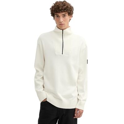 TOM TAILOR Denim Herren Relaxed Fit Troyer Pullover aus Baumwolle, 12906 Wool White, L TOM TAILOR Denim Herren Relaxed Fit Troyer Pullover aus Baumwolle, 12906 Wool White, L