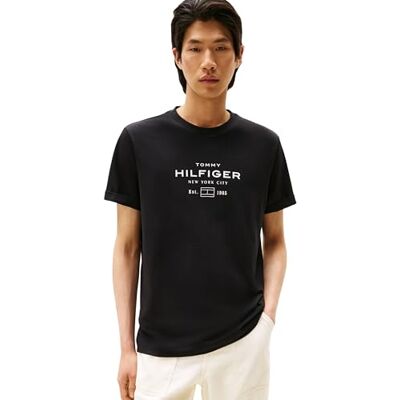 Tommy Hilfiger Herren T-Shirt Kurzarm Stack Graphic Tee mit Rundhalsausschnitt, Schwarz (Black), S Tommy Hilfiger Herren T-Shirt Kurzarm Stack Graphic Tee mit Rundhalsausschnitt, Schwarz (Black), S