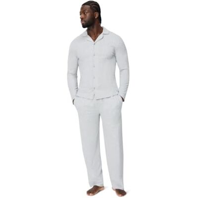 Amazon Herren-Pyjama-Set aus Baumwoll-Modal, langärmelig, Button-Down-Oberteil mit Hose, Hellgrau meliert, Größe S Amazon Herren-Pyjama-Set aus Baumwoll-Modal, langärmelig, Button-Down-Oberteil mit Hose, Hellgrau meliert, Größe S