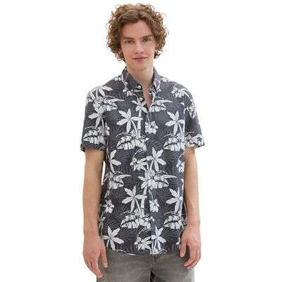 TOM TAILOR Denim Herren Kurzarm Hemd mit Palmen-Muster, 35502 Grey White Tropical Print, M TOM TAILOR Denim Herren Kurzarm Hemd mit Palmen-Muster, 35502 Grey White Tropical Print, M