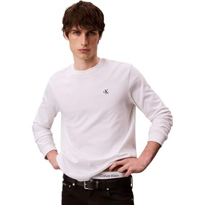 Calvin Herren Langarmshirt Easy Monogram mit Rundhalsausschnitt, Weiß (Bright White), L Calvin Herren Langarmshirt Easy Monogram mit Rundhalsausschnitt, Weiß (Bright White), L