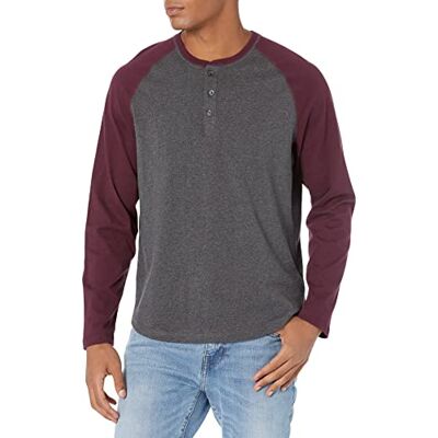 Amazon Herren Langärmeliges Henley-Shirt, Charcoal Heather/Burgundy, M Amazon Herren Langärmeliges Henley-Shirt, Charcoal Heather/Burgundy, M