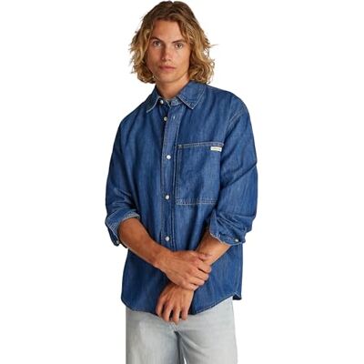 Calvin Herren Jeanshemd Linear Denim Regular Fit, Blau (Denim Medium), L Calvin Herren Jeanshemd Linear Denim Regular Fit, Blau (Denim Medium), L