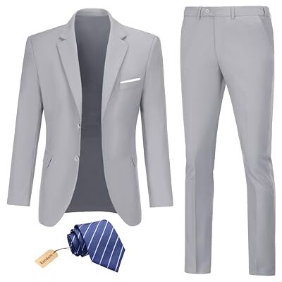 Datysum Herrenanzug, 2-teilig, Smoking, Abschlussball, Blazer, schmale Passform, Anzüge mit Zwei Knöpfen, Hochzeitskleid, Jacke, Hosen-Set mit Krawatte, Hellgrau, L Datysum Herrenanzug, 2-teilig, Smoking, Abschlussball, Blazer, schmale Passform, Anzüge mit Zwei Knöpfen, Hochzeitskleid, Jacke, Hosen-Set mit Krawatte, Hellgrau, L