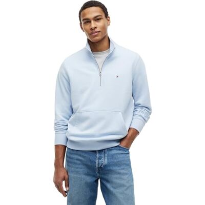 Tommy Hilfiger Herren Sweatshirt mit Reißverschluss Essential Terry New mit Stehkragen, Blau (Breezy Blue), XS Tommy Hilfiger Herren Sweatshirt mit Reißverschluss Essential Terry New mit Stehkragen, Blau (Breezy Blue), XS