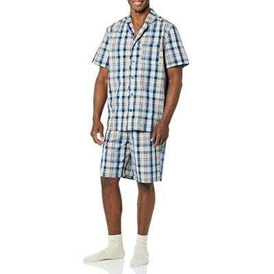 Amazon Herren Kurzes Pyjama-Set aus Baumwoll-Stretch-Popeline mit V-Ausschnitt, Marineblau Taupe Madras Plaid, 3XL Amazon Herren Kurzes Pyjama-Set aus Baumwoll-Stretch-Popeline mit V-Ausschnitt, Marineblau Taupe Madras Plaid, 3XL