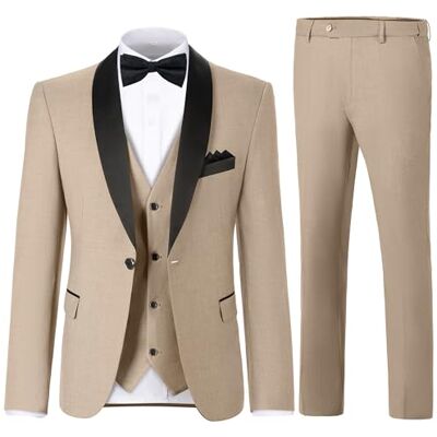 ZKHOECR Herren 3-teiliges Slim-Fit-Anzug-Set mit einem Knopf, Schal, Revers, Jacke, Weste, Hose, Smoking, Set mit Fliege und Einstecktuch, Champagner, L ZKHOECR Herren 3-teiliges Slim-Fit-Anzug-Set mit einem Knopf, Schal, Revers, Jacke, Weste, Hose, Smoking, Set mit Fliege und Einstecktuch, Champagner, L