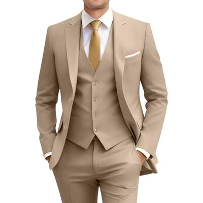 Amyox Slim Fit 3-teiliger Anzug für Herren, Zwei Knöpfe, Business Hochzeits-Smoking, Anzug-Set, Jacke, Weste, Hose, mit Krawatte, Champagner, S Amyox Slim Fit 3-teiliger Anzug für Herren, Zwei Knöpfe, Business Hochzeits-Smoking, Anzug-Set, Jacke, Weste, Hose, mit Krawatte, Champagner, S