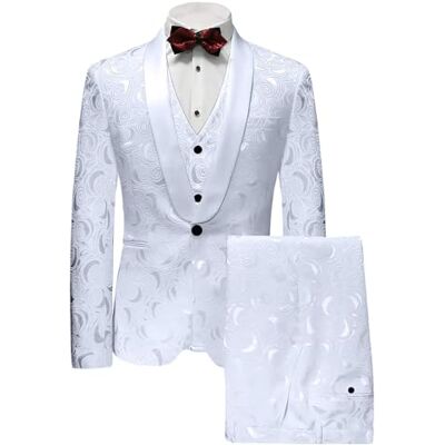 Wemaliyzd Herren 3-teiliger Hochzeitsanzug, schmale Passform, Jacquard-Blazer, Weste, Hose, 3 Stück, weiß, 50 Wemaliyzd Herren 3-teiliger Hochzeitsanzug, schmale Passform, Jacquard-Blazer, Weste, Hose, 3 Stück, weiß, 50