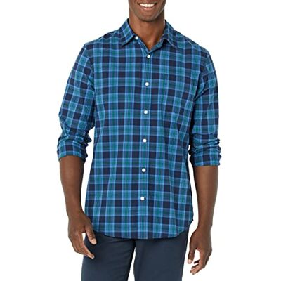 Amazon Herren Langärmeliges Hemd Aus Stretch-Popeline Mit Schlanker Passform, Grün Marineblau Karomuster, S Amazon Herren Langärmeliges Hemd Aus Stretch-Popeline Mit Schlanker Passform, Grün Marineblau Karomuster, S
