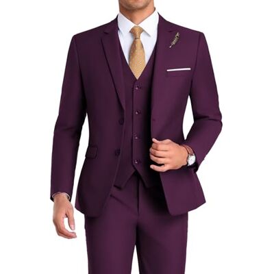 Mrbuerly Herrenanzug, 3-teilig, schmale Passform, Business-Jacke, Weste, Hose mit Krawatte, 2 Knöpfen, Abschlussball, Smoking, Xs/3630, Pflaume, M Mrbuerly Herrenanzug, 3-teilig, schmale Passform, Business-Jacke, Weste, Hose mit Krawatte, 2 Knöpfen, Abschlussball, Smoking, Xs/3630, Pflaume, M