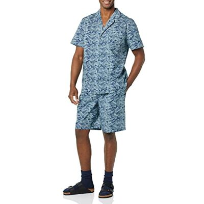 Amazon Herren Kurzes Pyjama-Set aus Baumwoll-Stretch-Popeline mit V-Ausschnitt, Marineblau Palmenwedel, S Amazon Herren Kurzes Pyjama-Set aus Baumwoll-Stretch-Popeline mit V-Ausschnitt, Marineblau Palmenwedel, S