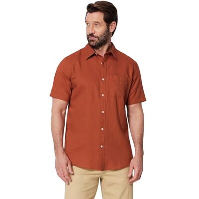 Amazon Herren Kurzärmliges Regular-Fit-Leinenhemd, Ziegelrot., L Amazon Herren Kurzärmliges Regular-Fit-Leinenhemd, Ziegelrot., L