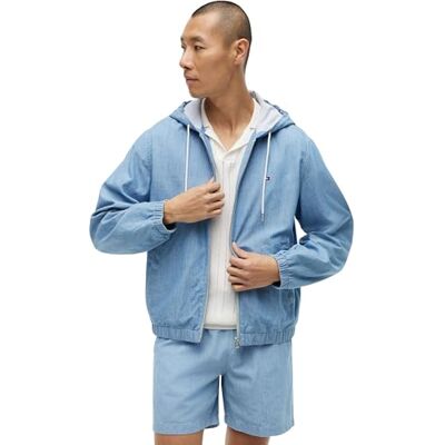 Tommy Hilfiger Herren Übergangsjacke Chambray mit Kapuze, Blau (Mid Wash), S Tommy Hilfiger Herren Übergangsjacke Chambray mit Kapuze, Blau (Mid Wash), S