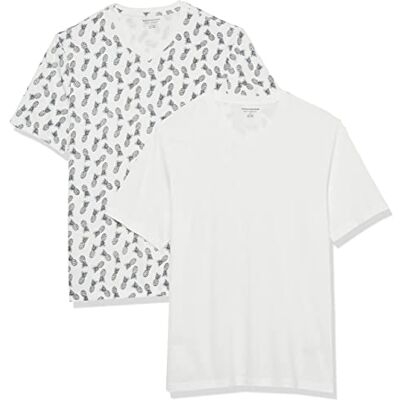 Amazon Herren Kurzarm-T-Shirt mit V-Ausschnitt (erhältlich in Big & Tall), Normale Passform, 2er-Pack, Weiß/Ananas-Druck, XX-Large Amazon Herren Kurzarm-T-Shirt mit V-Ausschnitt (erhältlich in Big & Tall), Normale Passform, 2er-Pack, Weiß/Ananas-Druck, XX-Large