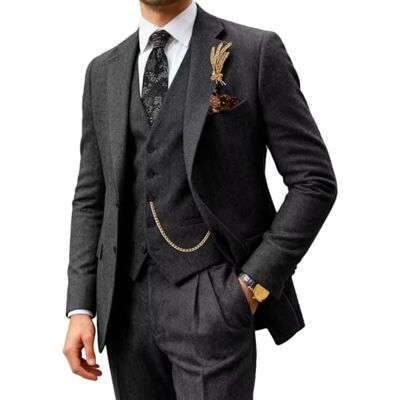 Bofan Klassischer Herrenanzug, Normale Passform, 3-teilig, Tweed, Fischgrätenmuster, Wolle, Smoking, Hochzeit, Bräutigam, Blazer, Weste, Hose für Hochzeit, GRAU, S Bofan Klassischer Herrenanzug, Normale Passform, 3-teilig, Tweed, Fischgrätenmuster, Wolle, Smoking, Hochzeit, Bräutigam, Blazer, Weste, Hose für Hochzeit, GRAU, S